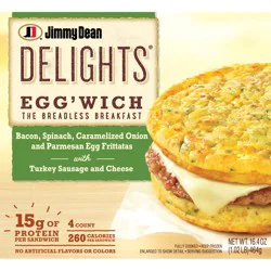 Jimmy Dean Delights Egg’wich Breakfast Sandwiches with Bacon, Spinach, Caramelized Onions, and Parmesan Egg Frittatas with Turkey Sausage and Cheese, Breadless, Frozen, 4 Count