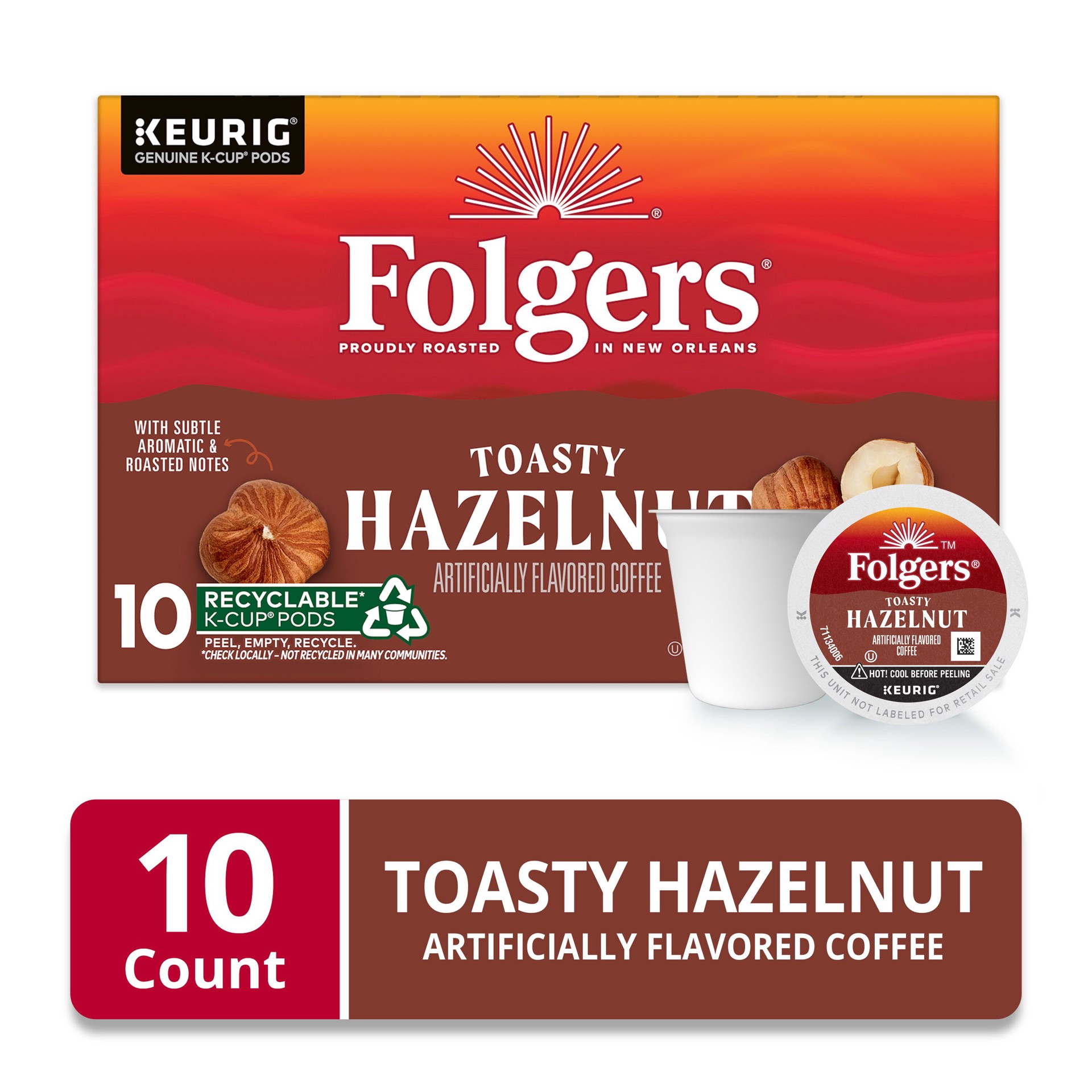 slide 3 of 7, Folgers Toasty Hazelnut Artificially Flavored Coffee, Keurig K-Cup pods, 10 Count Box, 3.1 oz