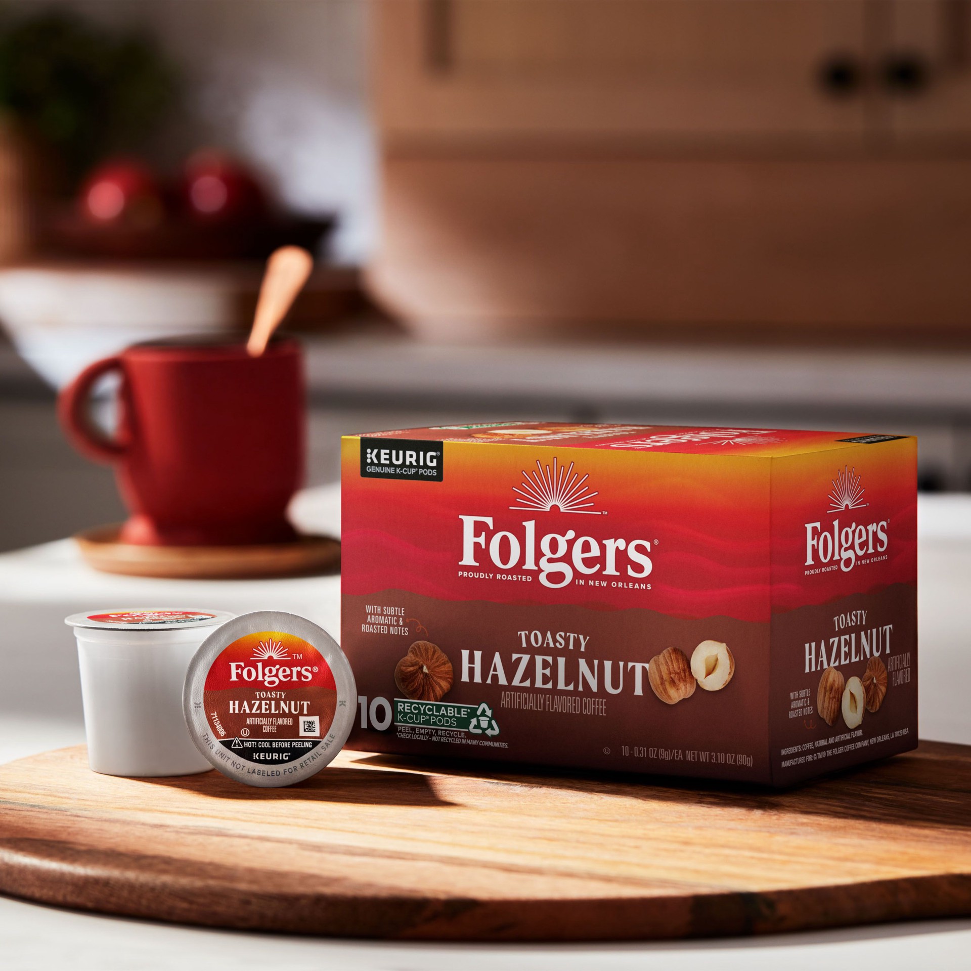 slide 4 of 7, Folgers Toasty Hazelnut Artificially Flavored Coffee, Keurig K-Cup pods, 10 Count Box, 3.1 oz