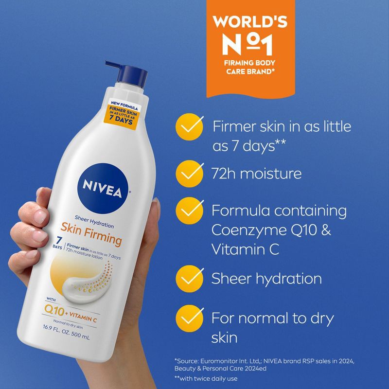 slide 4 of 10, Nivea Skin Firming Hydration Body Lotion with Q10 and Shea Butter Scented - 16.9 fl oz, 16.9 fl oz