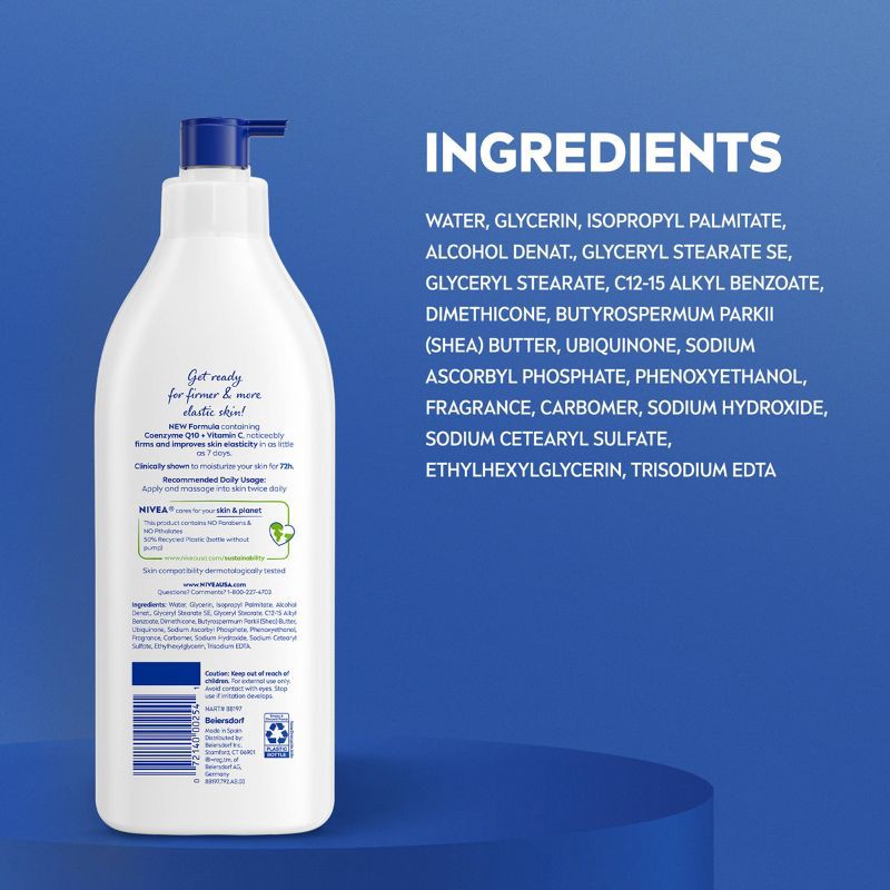 slide 9 of 10, Nivea Skin Firming Hydration Body Lotion with Q10 and Shea Butter Scented - 16.9 fl oz, 16.9 fl oz