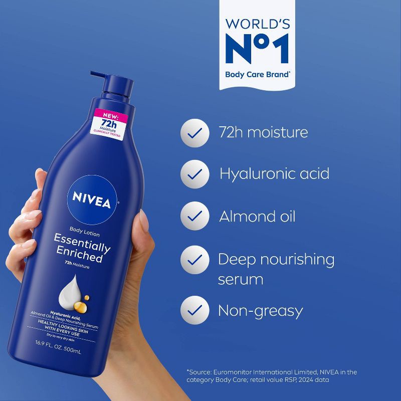 slide 4 of 11, NIVEA Essentially Enriched Dry Skin Body Lotion with Almond Oil Scented - 16.9 fl oz, 16.9 fl oz