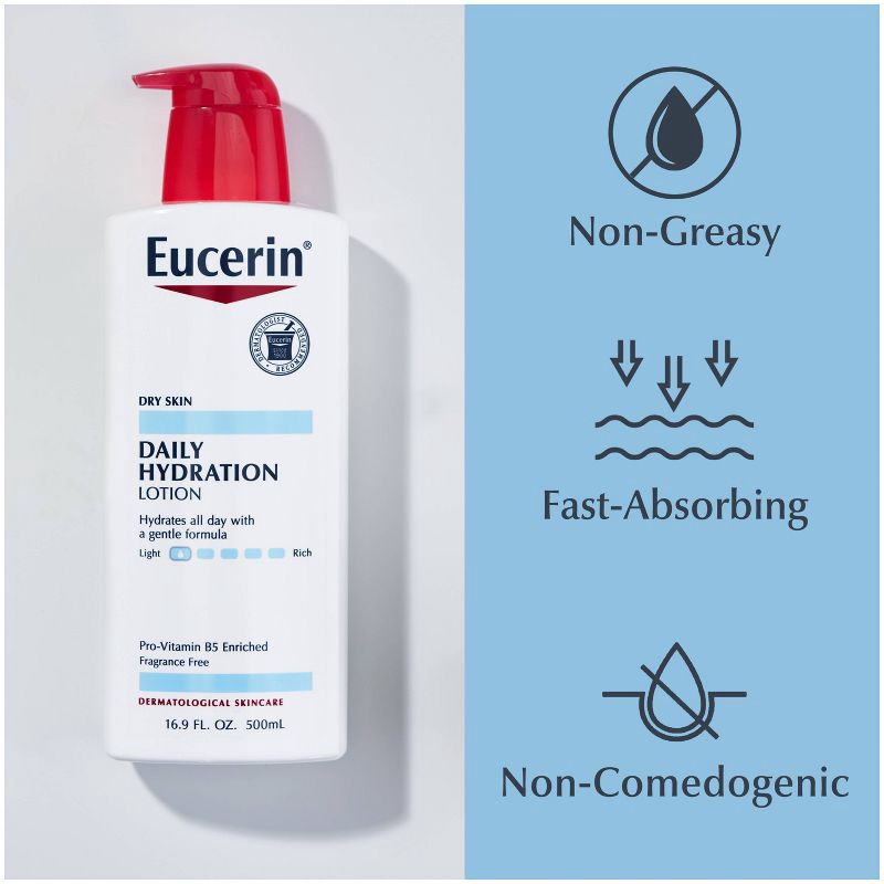 slide 10 of 16, Eucerin Daily Hydration Unscented Body Lotion for Sensitive Dry Skin - 16.9 fl oz, 16.9 fl oz