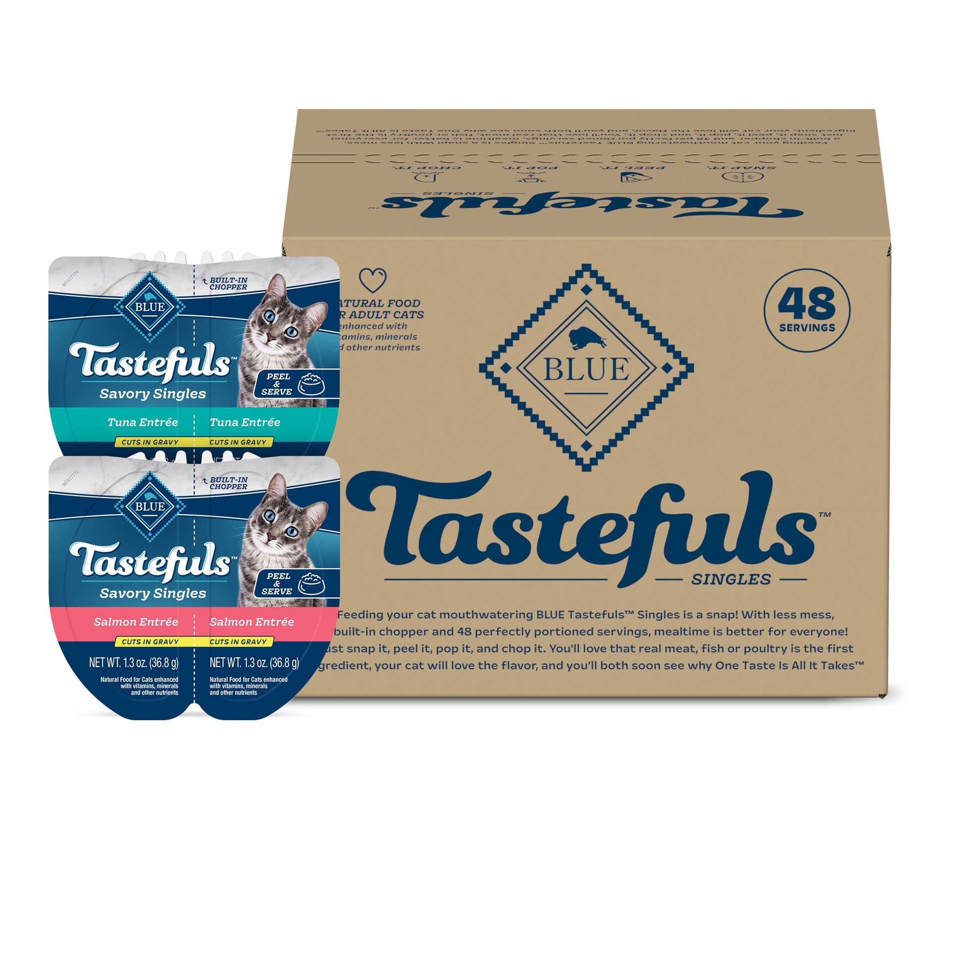 slide 1 of 1, Blue Buffalo Tastefuls Savory Singles Adult Cuts in Gravy Wet Cat Food Variety Pack, Salmon and Tuna Entrée, 2.6-oz Twin-Pack Tray (24 Count - 12 of Each Flavor), 2.6 oz
