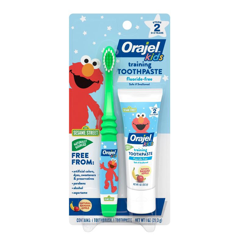 slide 1 of 8, Orajel Kids Elmo Fluoride-Free Training Toothpaste & Toothbrush, 1 ct