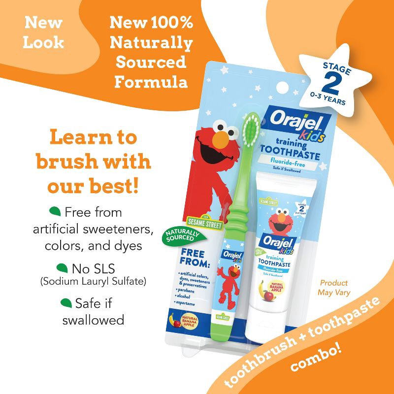 slide 3 of 8, Orajel Kids Elmo Fluoride-Free Training Toothpaste & Toothbrush, 1 ct