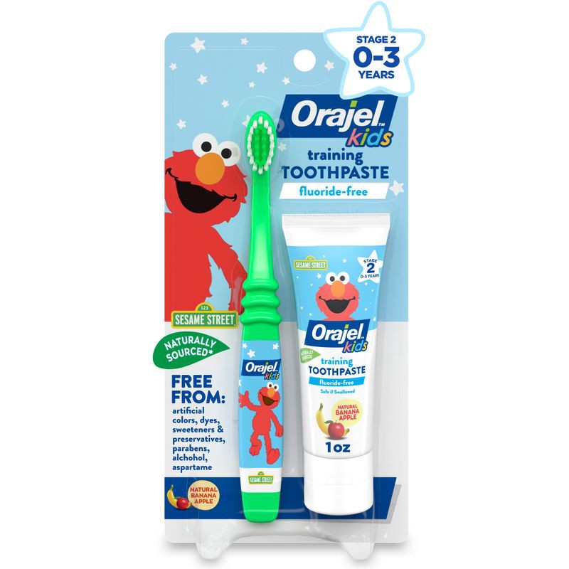 slide 1 of 9, Orajel Kids Elmo Fluoride-Free Training Toothpaste & Toothbrush, 1 ct