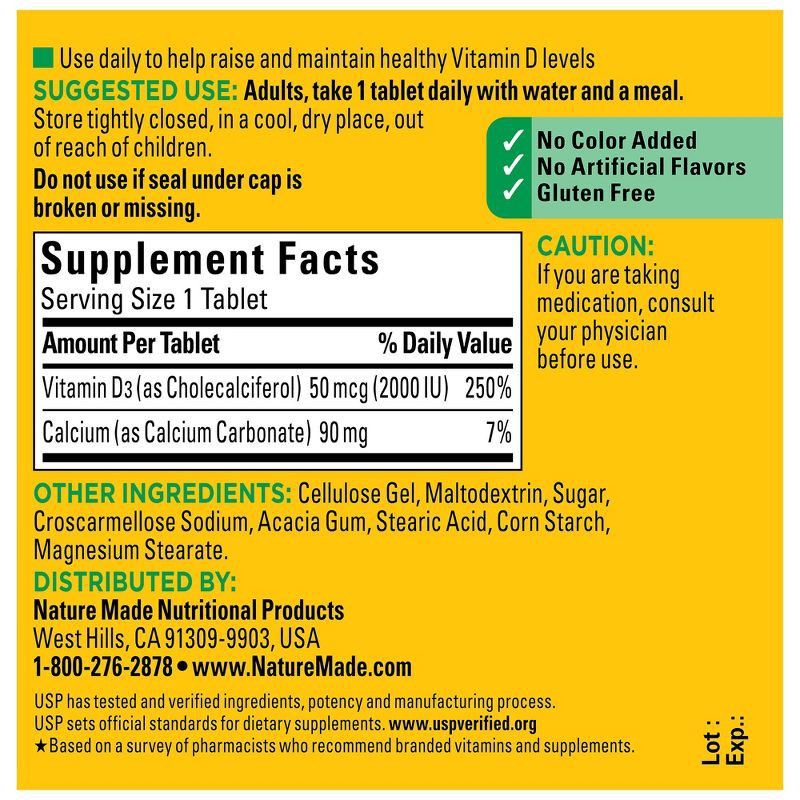 slide 3 of 10, Nature Made Vitamin D3 2000 IU (50 mcg) Tablets, Muscle, Teeth, Bone & Immune Support Supplement - 100ct, 100 ct