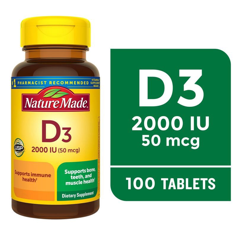 slide 9 of 10, Nature Made Vitamin D3 2000 IU (50 mcg) Tablets, Muscle, Teeth, Bone & Immune Support Supplement - 100ct, 100 ct