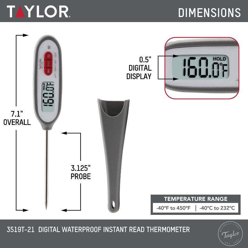 slide 5 of 5, Taylor Compact Instant-Read Pen Style Digital Kitchen Meat Thermometer: Stainless Steel, Digital Display, -40 to 450°F, 1 ct