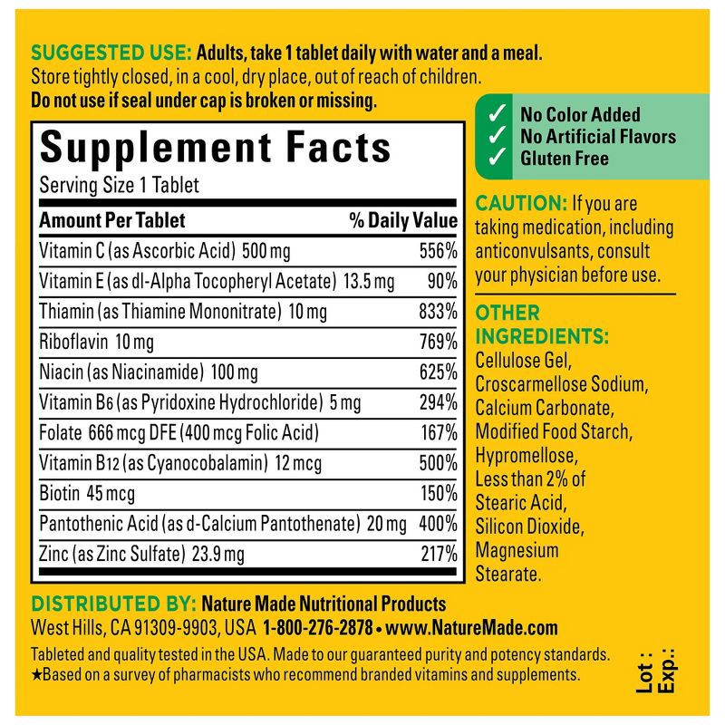 slide 3 of 10, Nature Made Stress Vitamin B Complex with Vitamin C and Zinc Supplement Tablets for Immune Support - 75ct, 75 ct