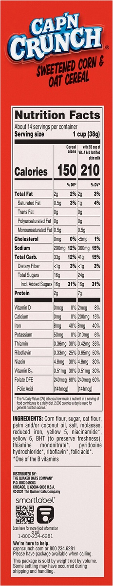 slide 6 of 6, Cap'n Crunch Sweetened Corn & Oat Cereal 18 Oz, 18 oz