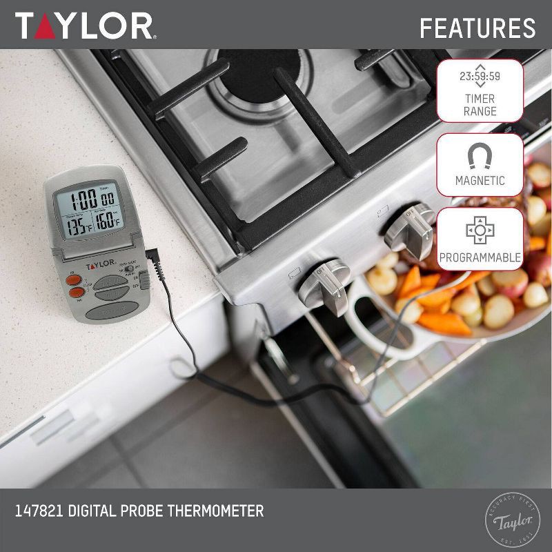 slide 5 of 8, Taylor Programmable Stainless Steel Wire Probe Kitchen Meat Cooking Thermometer, 1 ct