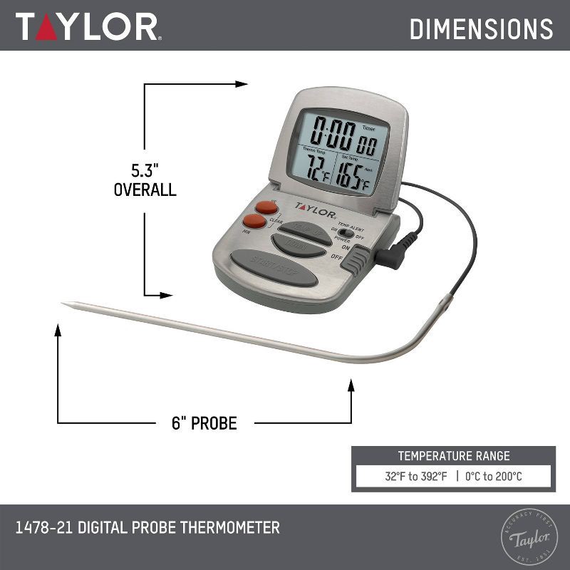 Taylor Digital Cooking Probe Thermometer & Timer -Tested - with