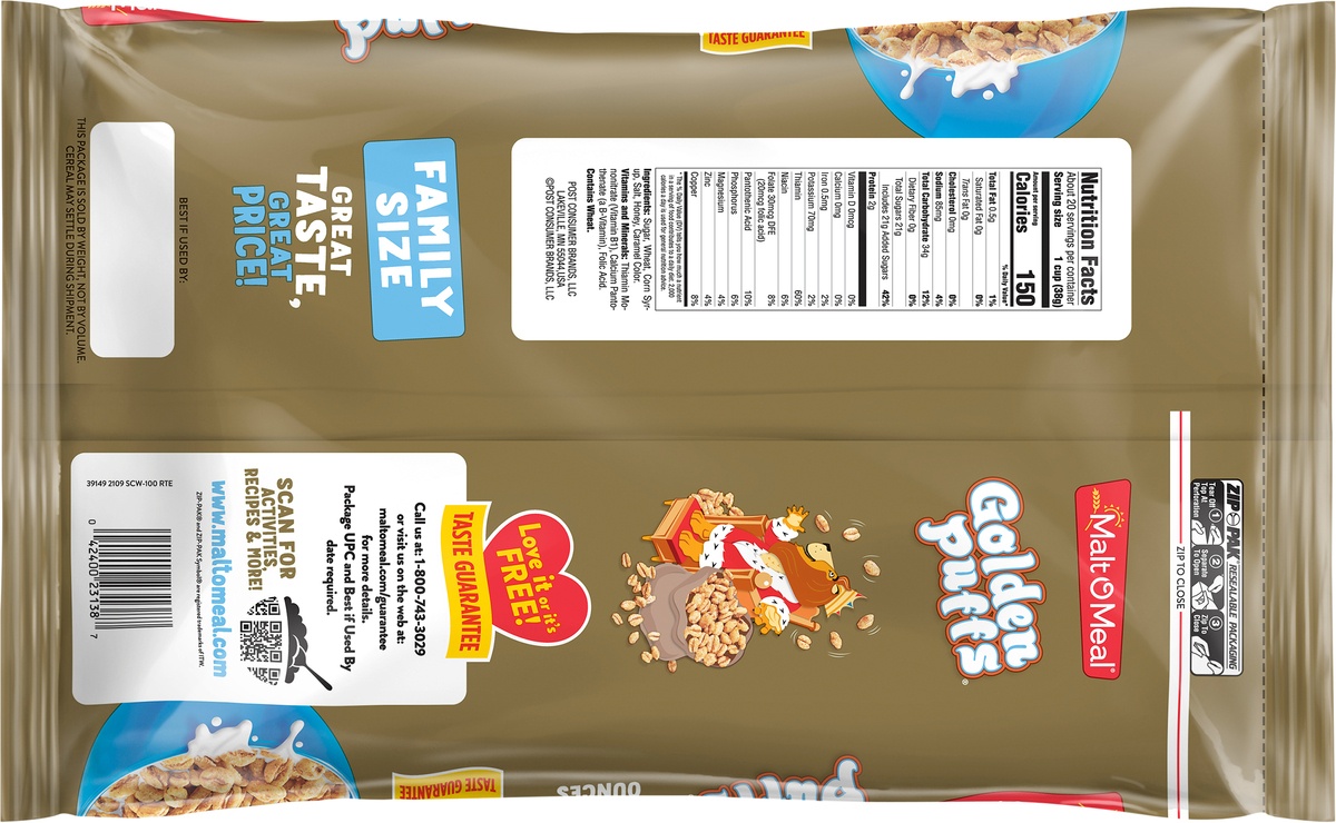 slide 3 of 7, Malt-O-Meal Golden Puffs Breakfast Cereal, Puffed Wheat Cereal, 26.5 OZ Bag, 26.5 oz