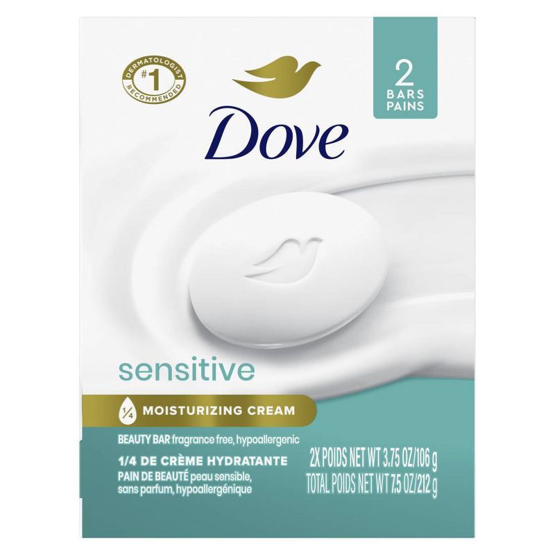 slide 2 of 9, Dove Beauty Sensitive Skin Moisturizing Unscented Beauty Bar Soap - 2pk - 3.75oz each, 2 ct, 3.75 oz