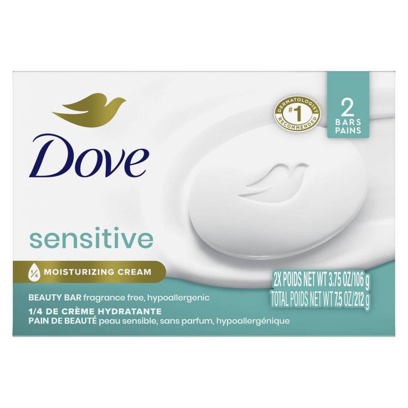 slide 3 of 9, Dove Beauty Sensitive Skin Moisturizing Unscented Beauty Bar Soap - 2pk - 3.75oz each, 2 ct, 3.75 oz