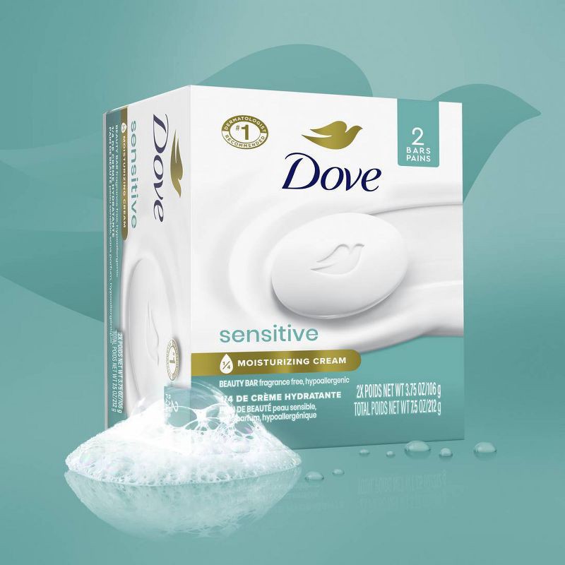 slide 6 of 9, Dove Beauty Sensitive Skin Moisturizing Unscented Beauty Bar Soap - 2pk - 3.75oz each, 2 ct, 3.75 oz