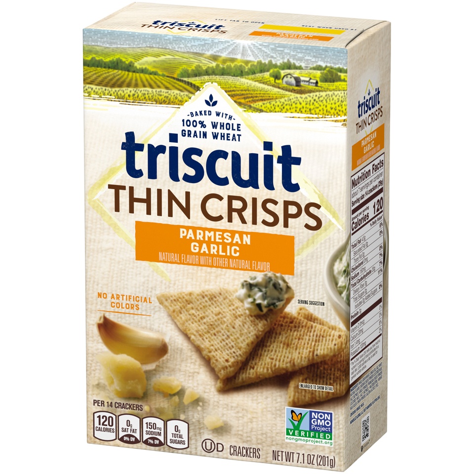 slide 2 of 8, Triscuit Thin Crisps Parmesan Garlic Whole Grain Wheat Crackers, 7.1 oz, 7.1 oz