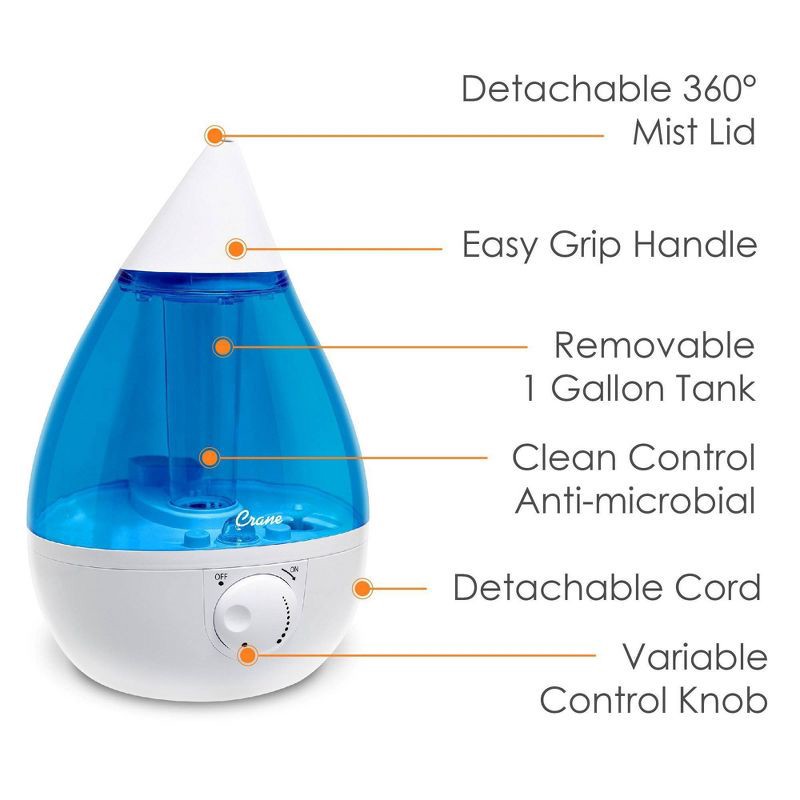 slide 3 of 10, Crane Drop Ultrasonic Cool Mist Humidifier - Blue/White - 1gal, 1 gal