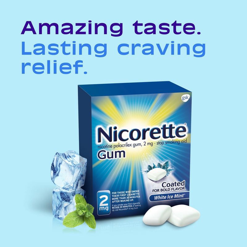 slide 3 of 9, Nicorette 2mg Stop Smoking Aid Nicotine Gum - White Ice Mint - 100ct, 100 ct; 2 mg