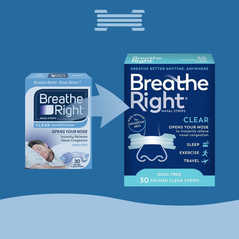 slide 3 of 6, Breathe Right Clear Small/Medium Drug-Free Nasal Strips for Congestion Relief - 30ct, 30 ct
