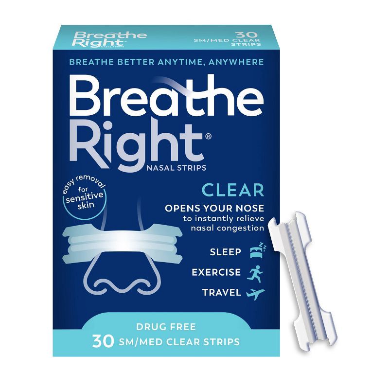 slide 1 of 6, Breathe Right Clear Small/Medium Drug-Free Nasal Strips for Congestion Relief - 30ct, 30 ct