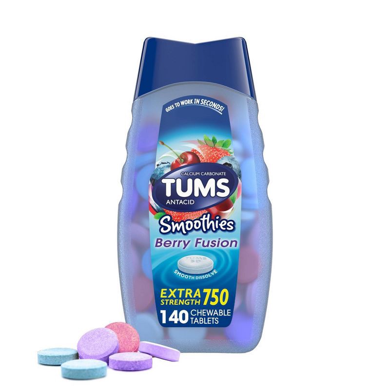 slide 1 of 9, Tums Extra Strength Antacid Smoothies Fusion Chewable Tablets - Berry - 140ct, 140 ct