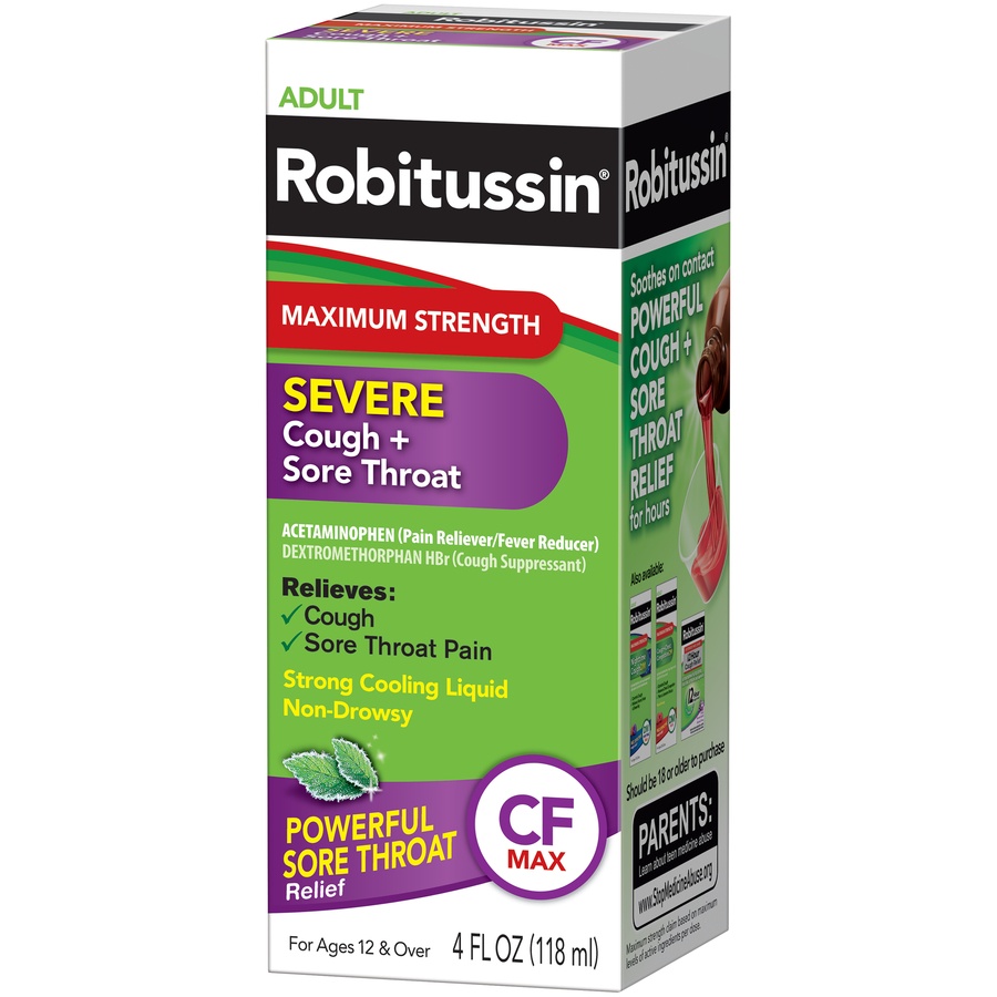 slide 3 of 6, Robitussin Maximum Strength Severe Cough And Sore Throat, 4 fl oz