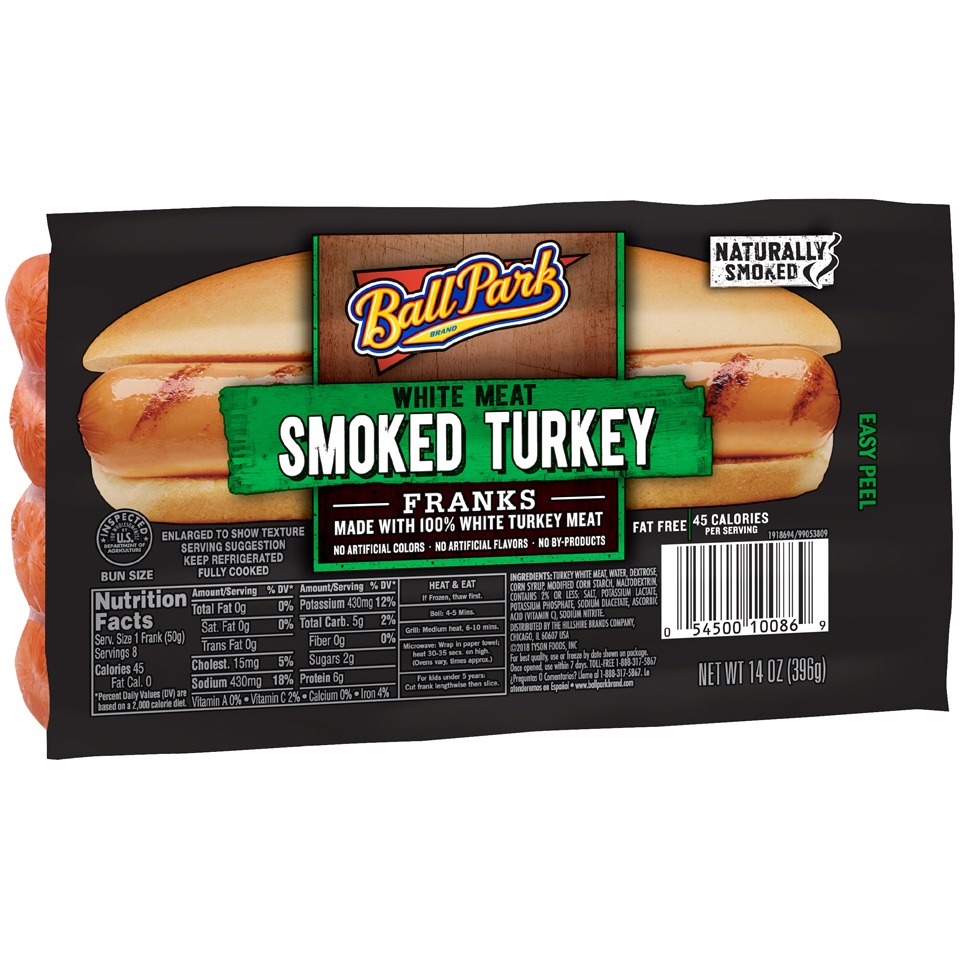 slide 2 of 3, Ball Park® Smoked White Meat Turkey Hot Dogs, Bunsize Length, 8 Count, 14 oz