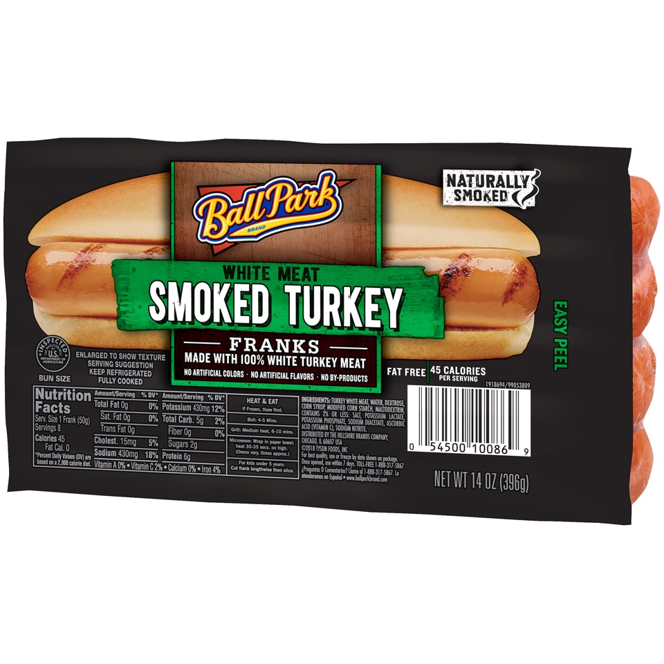 slide 3 of 3, Ball Park® Smoked White Meat Turkey Hot Dogs, Bunsize Length, 8 Count, 14 oz