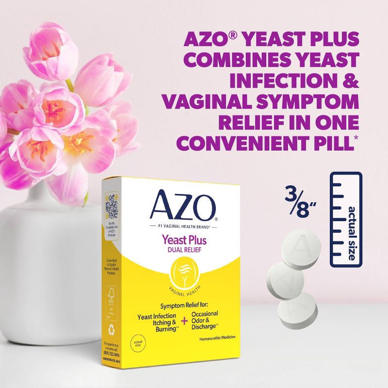 slide 4 of 9, AZO Yeast Plus Dual Relief, Yeast Infection + Vaginal Symptom Relief - 60ct, 60 ct