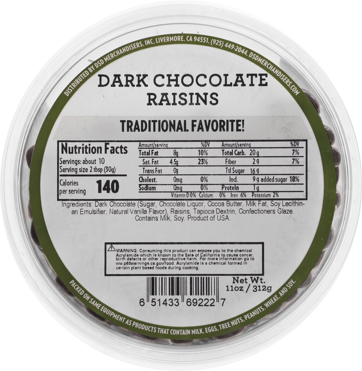 slide 9 of 10, DSD Merchandisers Raisins, Dark Chocolate, 11 oz