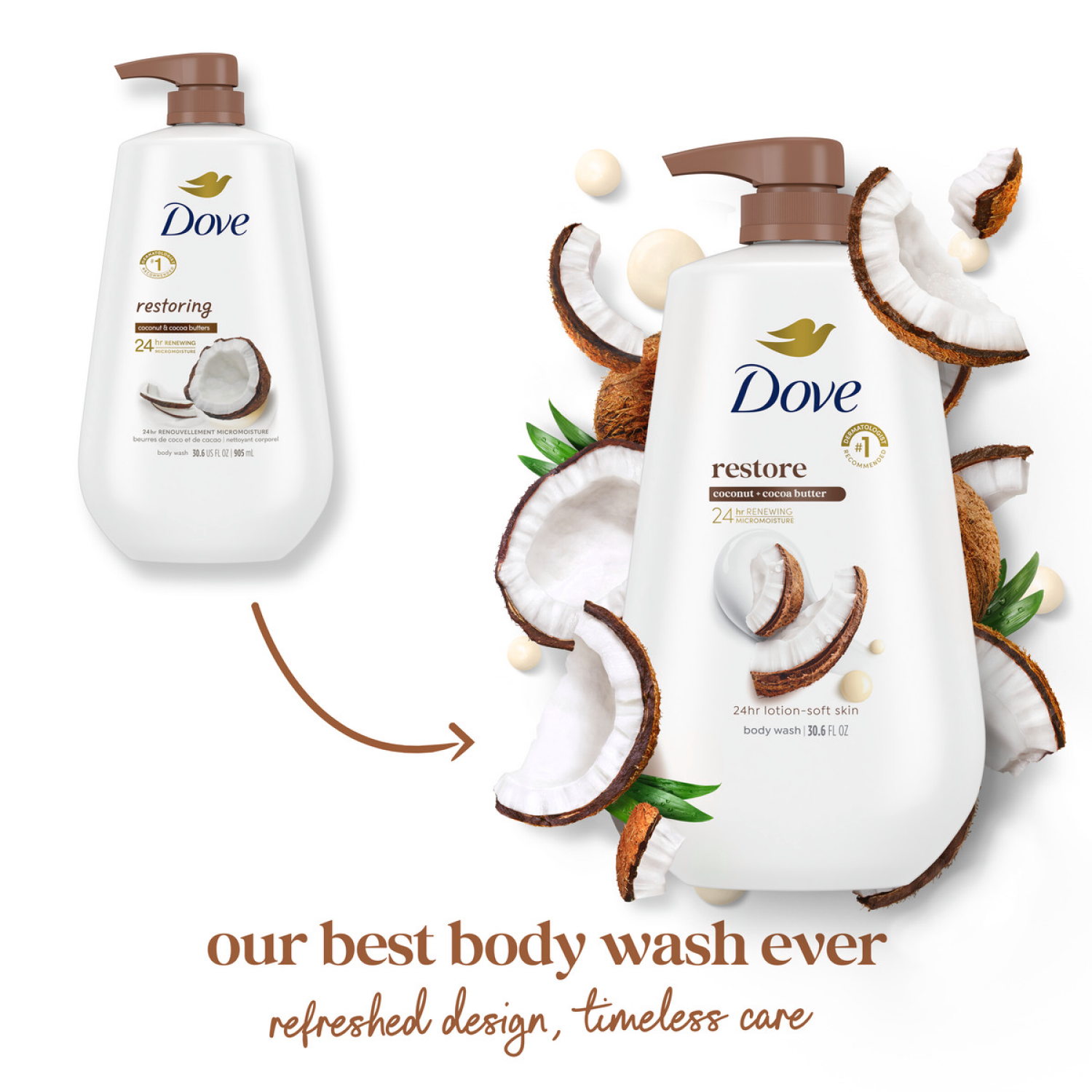 slide 2 of 5, Dove Body Wash With Pump Restore Coconut & Cocoa Butter 30.6 Oz, 30.6 fl oz