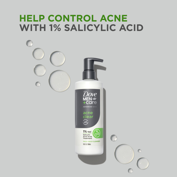 slide 16 of 21, Dove Men+Care Acne Clear Face + Body Cleanser 16.9 fl oz, 16.9 fl oz