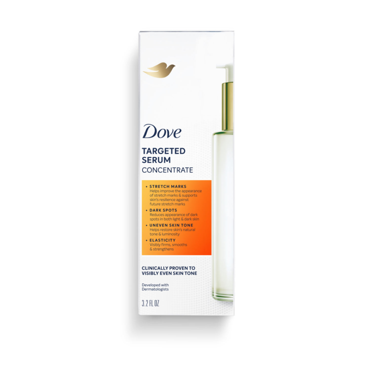 slide 2 of 3, Dove Targeted Serum Multipurpose for Stretch Marks, Dark Spots, Uneven Skin Tone and Elasticity, with Tone Balance Complex, Niacinamide, Collagen Peptides and Natural Moisturizing Factors, 3.2 oz, 3.2 oz