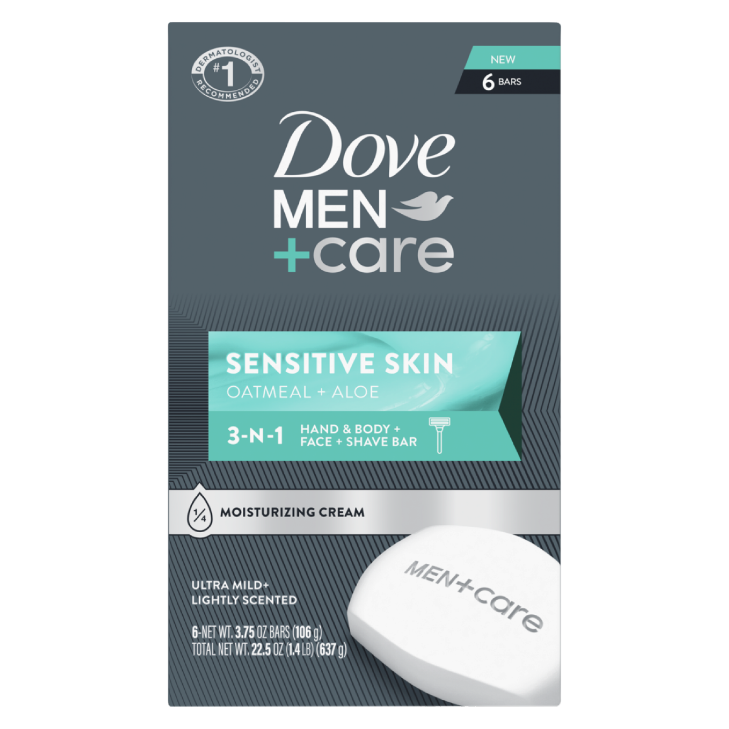 slide 2 of 6, Dove Men+Care Senstive Skin 3-in-1 Bar Soap - Oatmeal & Aloe, 6 ct