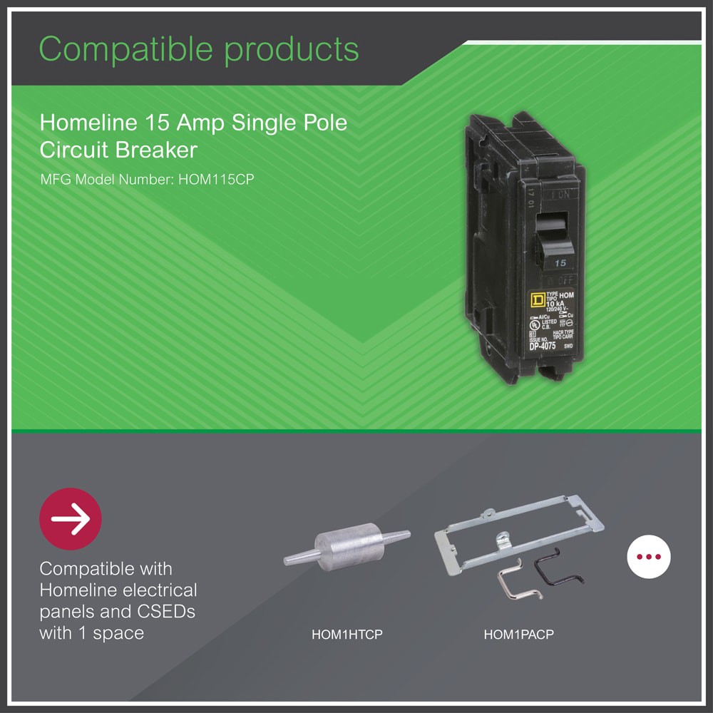 slide 5 of 6, Square D Homeline 15-amp 1 -Pole Standard trip Circuit Breaker, 1 ct