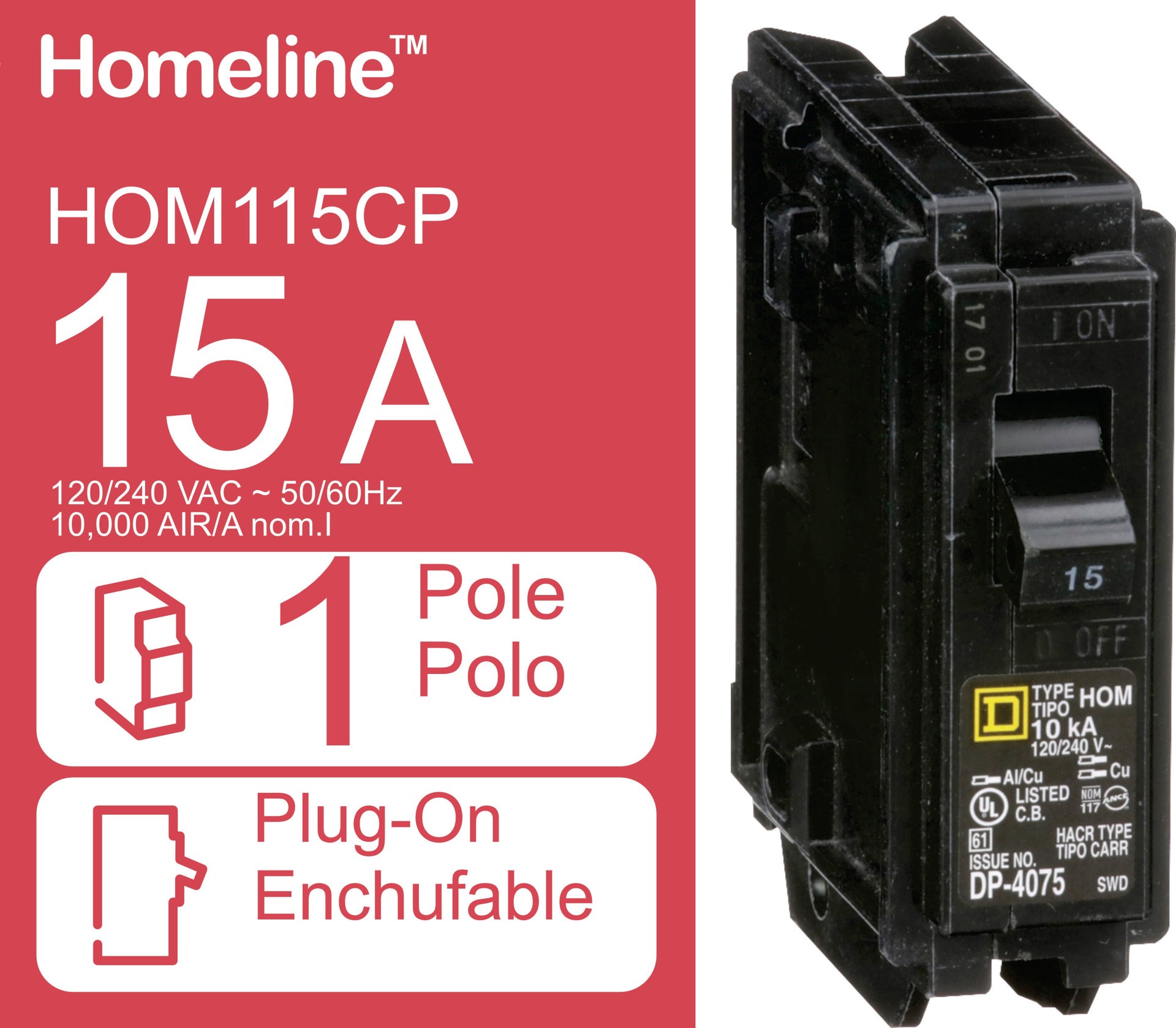 slide 6 of 6, Square D Homeline 15-amp 1 -Pole Standard trip Circuit Breaker, 1 ct