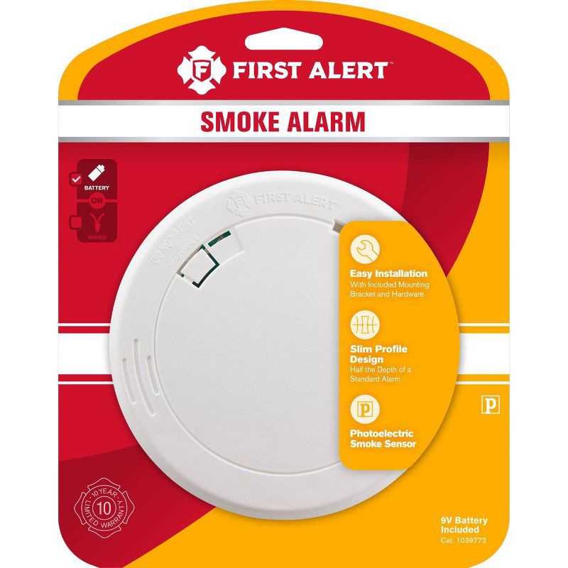 slide 1 of 6, First Alert PR700 Battery Powered Slim Smoke Detector with Photoelectic Sensor, 1 ct