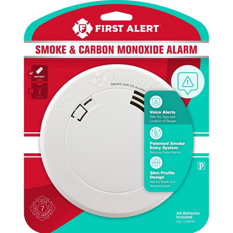 slide 1 of 7, First Alert PRC700V Battery Powered Slim Smoke & Carbon Monoxide Detector with Voice Location and Photoelectric Sensor, 1 ct