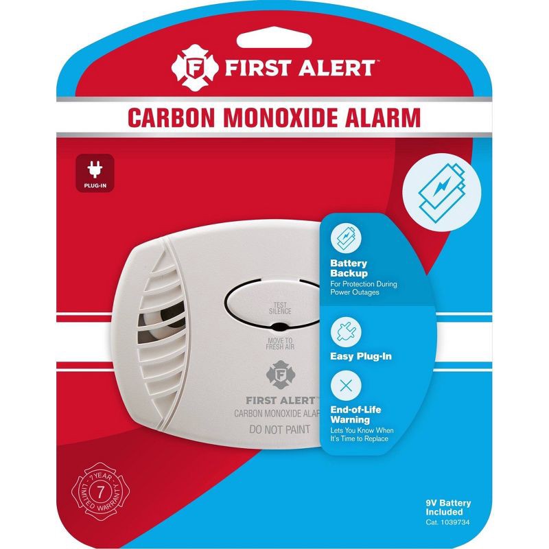 slide 1 of 3, First Alert CO605 Plug-in Carbon Monoxide Detector with Battery Backup: 9-Volt Alkaline, No Hardwired Installation Needed, 1 ct