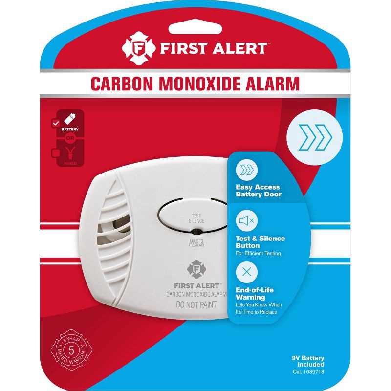 slide 1 of 9, First Alert CO400 Battery Powered Carbon Monoxide Detector: 9-Volt CO Alarm, Silences Unwanted Alarms, 7-Year Warranty, 1 ct