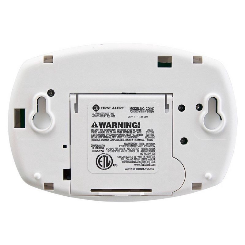 slide 6 of 9, First Alert CO400 Battery Powered Carbon Monoxide Detector: 9-Volt CO Alarm, Silences Unwanted Alarms, 7-Year Warranty, 1 ct