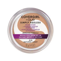 COVERGIRL + Olay Simply Ageless Wrinkle Defying Foundation Compact - 215 Ivory - 0.4oz: Aluminum-Free, Paraben-Free, Medium Coverage, Satin Finish