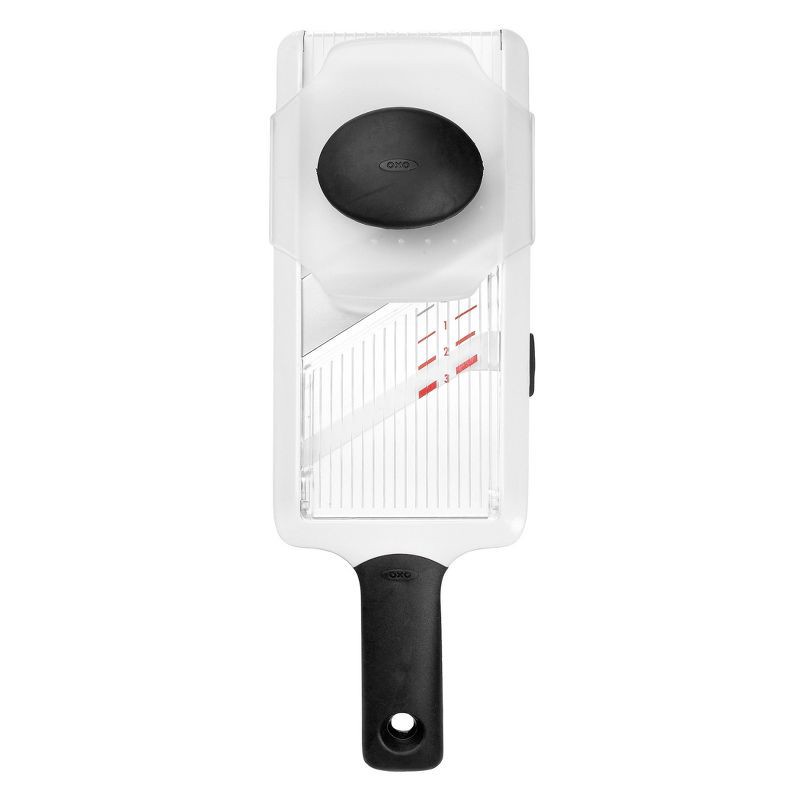 slide 1 of 7, OXO Handheld Mandoline: White Kitchen Slicer, Dishwasher-Safe, ABS & Silicone, 11.3" Height, 1 Blade, 2 Pieces, 2 ct