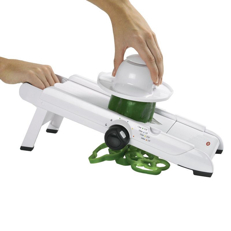 slide 4 of 7, OXO VBlade Mandoline Slicer: ABS & Stainless Steel, 4 Blades, Dishwasher-Safe, Vegetable & Potato Slicer, White, 1 ct