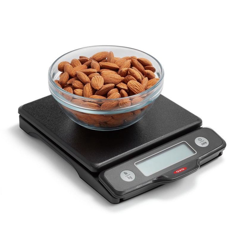 slide 6 of 8, OXO 5Lb Food Scale with Pull Out Display: Kitchen Scale, Backlit Electronic Display, Black, Battery Powered, 5 lb