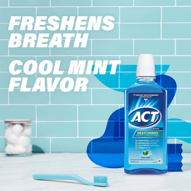 slide 3 of 7, ACT Cool Mint Restoring Fluoride Rinse - 33.8 fl oz, 33.8 fl oz
