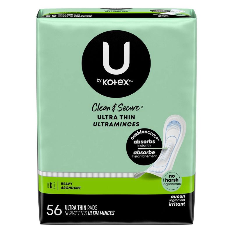 slide 2 of 13, U by Kotex Clean & Secure Heavy Ultra-Thin Feminine Fragrance Free Pads - Unscented - 56ct, 56 ct